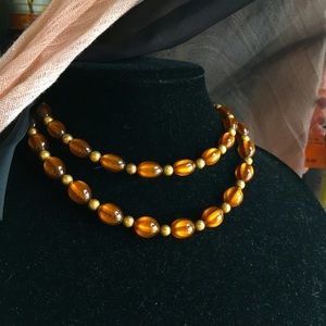 Amber Glowing Art Glass Trifari signed necklace with Gold Foil Beads